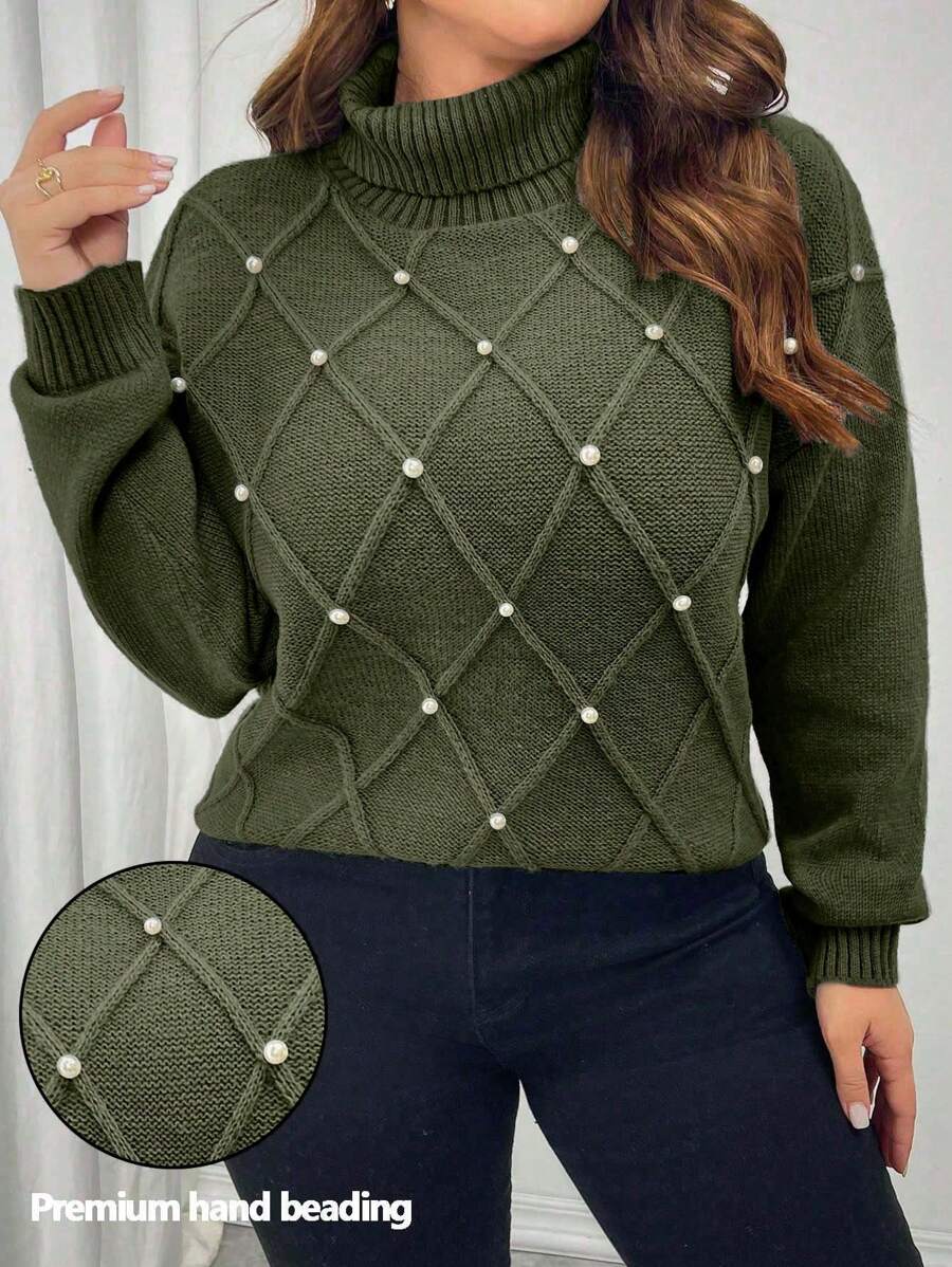 SHEIN Unity Plus Size Women Turtleneck Sweater, Rhombus Plaid Beaded Casual Pullover For Autumn/Winter - Army Green - View 1