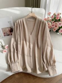 SHEIN Frenchy Plus Size Women Elegant Casual Solid Color Long Sleeve Blouse - Apricot - View 3