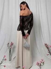 Aloruh 女士优雅撞色蕾丝不对称领口连衣裙 - 黑色 - 查看 3