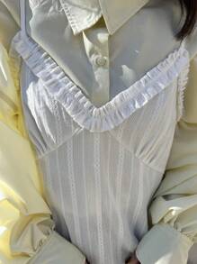 FRIFUL Women's White Spaghetti Strap Ruffle Hem Camisole Tank Top, Sweet Style, Spring/Summer Babydoll Top - White - View 8