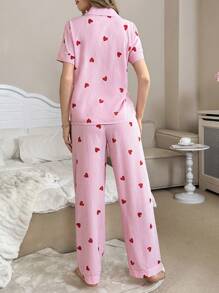 SHEIN Valentine's Day Stripe & Heart Print Lapel Short Sleeve Top & Pants Pajama Set For Women Holiday Season - Pink - View 2