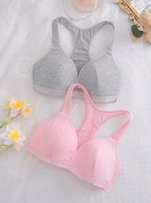 2pcs/Set Pad Lining Comfortable Vest Top, Grey + Pink, For Teenage Girls - Multicolor - View 1