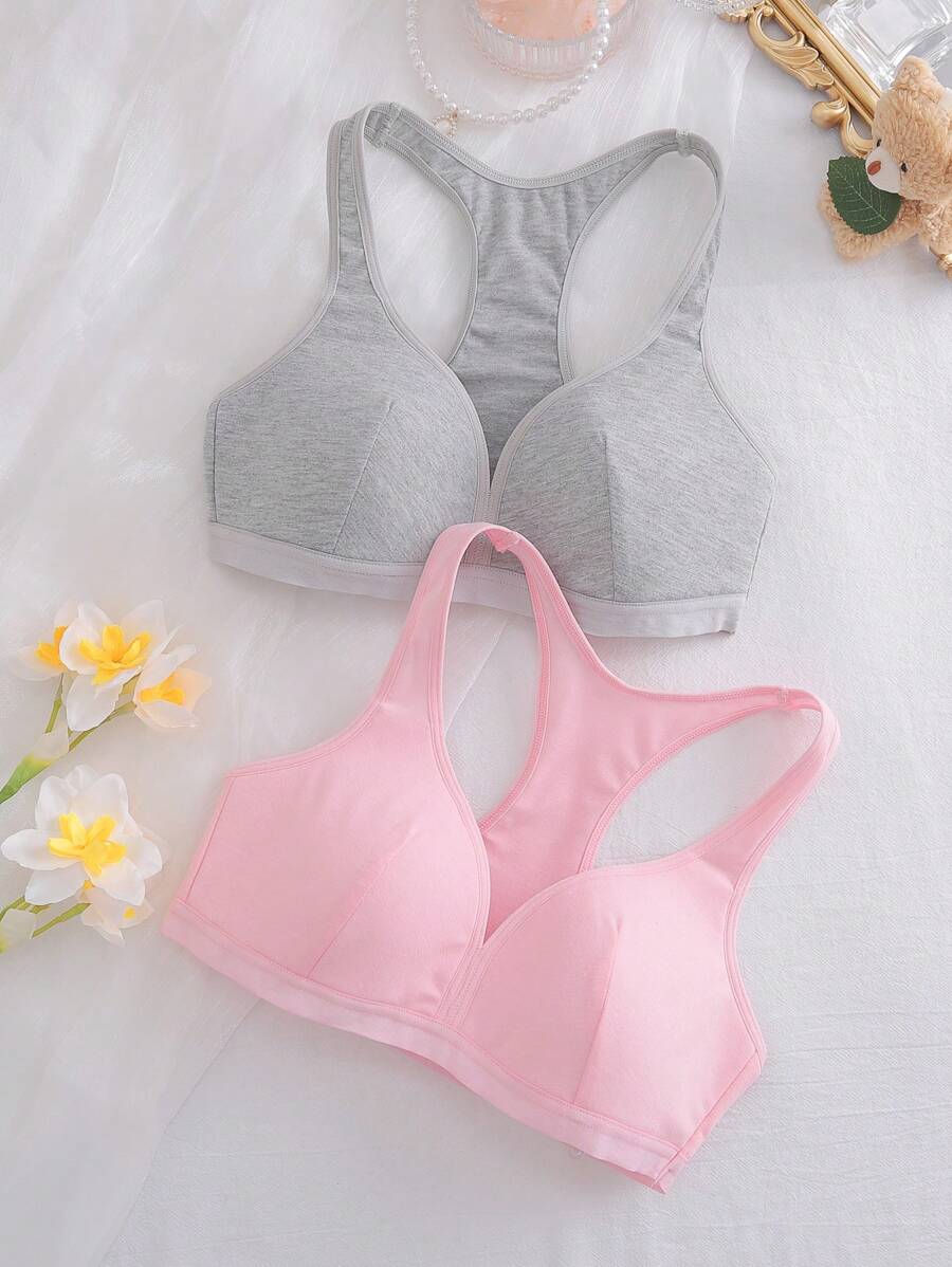 2pcs/Set Pad Lining Comfortable Vest Top, Grey + Pink, For Teenage Girls - Multicolor - View 1