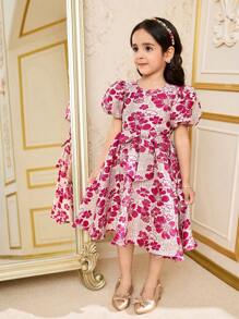 Vestido mini de cuello redondo con mangas abullonadas y estampado floral para niña joven