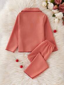 Young Girls Minimalist Cute Cherry Embroidered Burgundy Loose 2pcs Set Pajamas, Long Pants & Long Sleeve - Orange - View 2