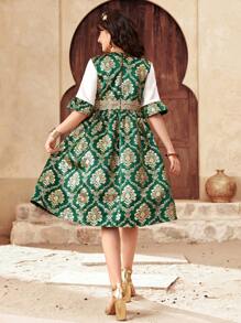 SHEIN Dark Green Glamorous Patchwork Gold Floral  Dress, Princess Style Dress For Teen Girls - Dark Green - View 2