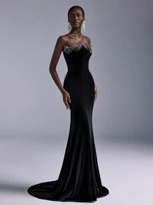 Elitara Elegant Luxurious Black Velvet Crystal Tassel Decor Bodycon Mermaid Maxi Dress, Wedding Guest Dress, Suitable For Evening Party, Gala, Single Party And Various Occasions, Formal Dress,Gown