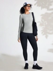 SHEIN Sports Casual Color Block Splice Long Sleeve Elastic Skin-Friendly Outdoor T-Shirt - Grey - View 5