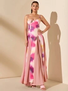 SHEIN BAE Vestido con estampado de degradado multicolor de gris y azul, con dobladillo sobredimensionado, adecuado para citas románticas, fiestas y reuniones. Atuendo de verano para mujer/Ropa de primavera/Atuendo del Día de San Valentín/Carnaval/Atuendos de vacaciones en la playa - Multicolor - Ver 7