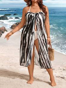 Swim Lushoire Summer Plus Size Women's Striped Print Vacation Tube Top Mesh Maxi Dress Cover Up - Black and White - View 5