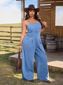 SHEIN LUNE Plus Size Denim Overall Dungarees, Western Wear For Women - Medium Wash - View 3