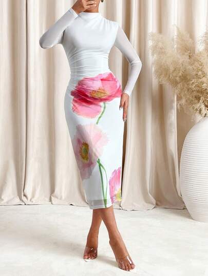 Lavishia Vestido midi elegante de manga larga con pliegues y estampado floral, vestir casual tipo ajustado para mujer