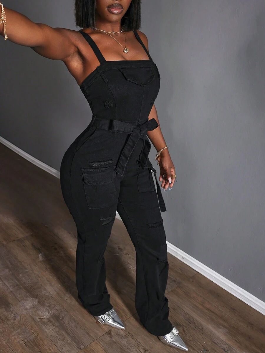 Slaydiva Fashionable Distressed Slim-Fit Denim Jumpsuit - Black - View 1