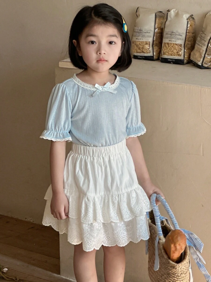 DAZY 2pcs/Set Girls Young Girl Round Neck Knit Short Sleeve Top And Skirt, Fall Outfit (Size: Small) - Blue - View 1