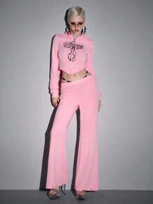 ROMWE Avant 2 件 Y2K 街头服饰刺绣蝴蝶结露背连帽衫套装（女款）