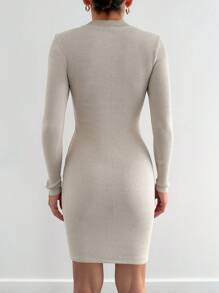 Cottnline Casual Solid Color Bodycon Long Sleeve Dress - Beige - View 2