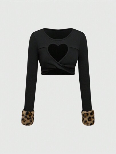 Grunge Punk Parte superior ceñida con estampado de leopardo con recorte en forma de corazón sexy para mujer, estilo Y2K