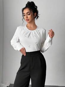 Firerie Women's White Rhinestone Embellished Pleated Collar Long Sleeve Fitted Blouse, Minimalist Office/Commute Wear, Back To School, Valentine's Day - White - View 4