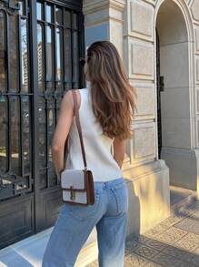 Pariaura 女士优雅 V 领修身无袖毛衣上衣 - 杏色 - 查看 2