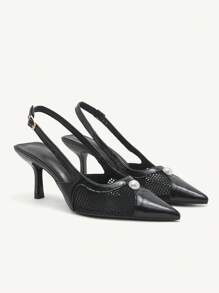 CUCCOO CHICEST Women's Pointed Toe Stiletto High Heel Fashion Black Pearl Mesh Wedding Shoes, Formal Party Pumps - Black - View 2