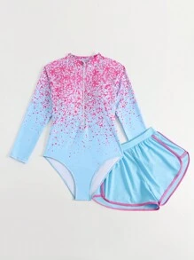 SHEIN 1件少女连体泳衣，2件少女长袖拉链泳衣套装，新品上市。适合春夏海滩游泳。彩色泼墨渐变图案设计。亮丽浅色，时尚风格。舒适面料。浅蓝色和粉色设计，清新亮丽。