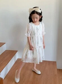 DAZY Young Girl Girls Ditsy Floral Princess Style Short Sleeve Casual Dress For Summer - Beige - View 3