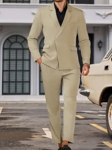 Manfinity Mode Men's Solid Color Casual Suit Set, Minimalist Fashion Everyday - Khaki - View 3