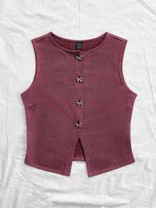 Soleia 女士紫红色针织提花圆领背心，蝴蝶纽扣装饰，侧开衩，女士圣诞服装，女士新年服装，冬季服装，女士生日上衣，女士西装，节日派对 - 紅色 - 查看 3