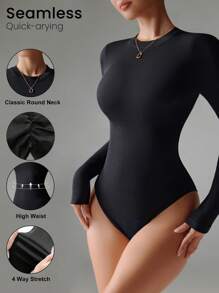 Easithlete 无缝高弹力罗纹针织圆领带褶边长袖黑色运动紧身衣