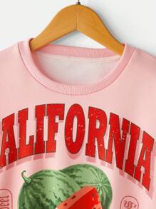Sudadera informal de manga larga con cuello redondo y hombros caídos, con estampado de letras y sandía, para adolescentes, para otoño/invierno - Rosa - Ver 3
