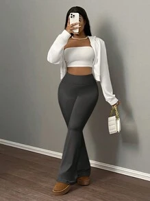 Slaydiva 女士高腰弹力瑜伽裤、收腹健身紧身裤 - 灰色 - 查看 5