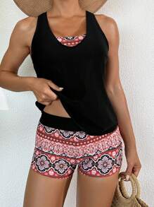 Swim Lushoire Sommar Dam Paisley Print Byst Stöd Spaghetti Strap Tankini 3-delad Set, Vacation Casual - Multifärgad - Visa 2
