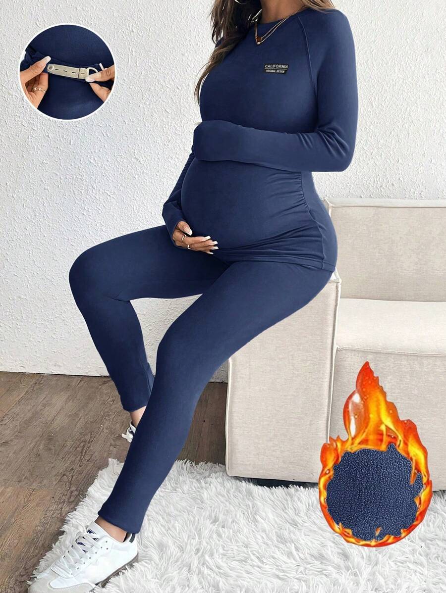 SHEIN 2pcs Maternity Set: Round Neck Long Sleeve Simple Blouse And Long Pants - Blue - View 1