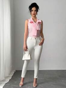 Chiquease Romantic Pink Striped Sleeveless Blouse With Bow - Pink - View 5
