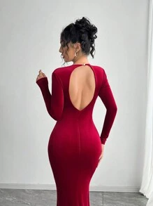 Vestido ajustado de mujer elegante y sexy de unicolor con espalda descubierta - Rojo - Ver 5