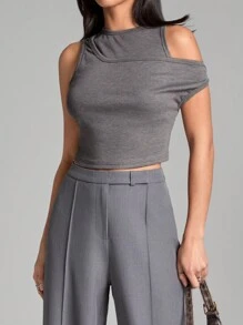 LYSMO Women's Solid Ribbed Knit Top With 2 In 1 Design, Fitted Style