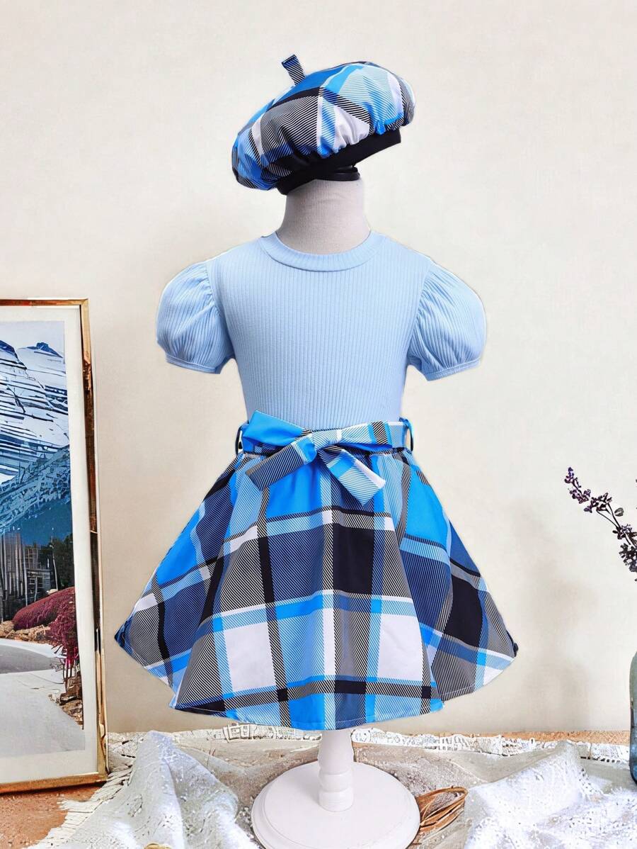 SHEIN 2pcs Set: Young Girls Plain Round Neck Puff Sleeve Top And Plaid Mini Skirt With Hat - Blue - View 1