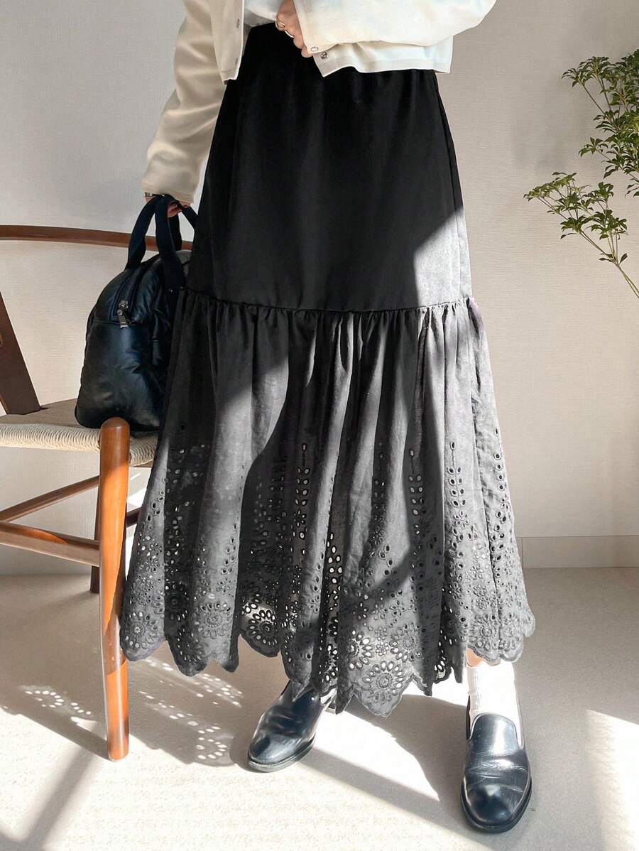 FRIFUL Women's Black A-Line Embroidered Patchwork Skirt - Black - View 1