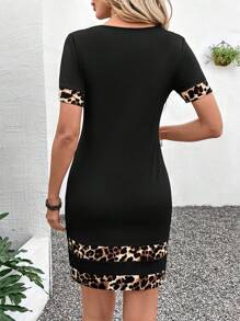 SHEIN LUNE Women Spring New Arrivals Short Sleeve Leopard Print Patchwork Round Neck Dress, Women Spring New Clothing