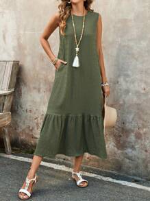 EMERY ROSE Summer Vacation Outfits Woman Solid Color Elegant Long Dress With Pockets - Olive Green - View 1