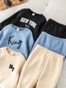 SHEIN Leap Crew 6 件套男婴和女婴休闲字母印花图案连帽衫运动衫 + 宽松裤，6 件套服装适合日常休闲、运动、秋冬 - 卡其色 - 查看 5