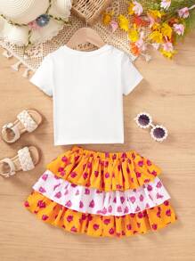 SHEIN Leap Crew 2 件装女婴碎花短袖上衣和裙子套装，夏季服装 - 黃色 - 查看 14