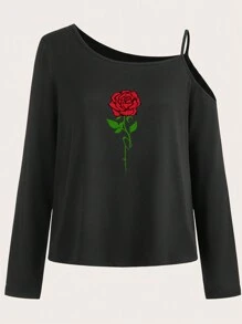 SHEIN Essnce Women's Casual Minimalist Rose Graphic Drop Shoulder Long Sleeve T-Shirt - Black - View 5