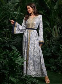 Al Najma 中东迪拜风情宽腰印花长袍连衣裙 - 藍色 - 查看 7