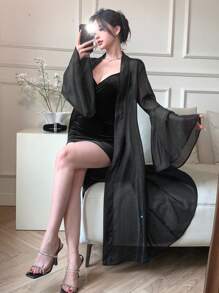 DAZY Áo sơ mi nữ dài vừa phải, tay bèo nhún trơn, thanh lịch, quần áo nữ mùa thu, áo dài tay - màu đen - Xem 8
