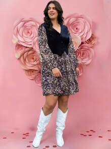 SHEIN LUNE 大码女式休闲灯笼袖撞色佩斯利印花连衣裙情人节外出、节日派对连衣裙 - 彩色 - 查看 10