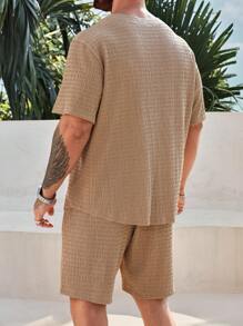 ResortEase Plus Size Men's Plain Textured Short Sleeve Shirt And Shorts Set - Khaki - View 2