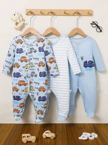 3件套男婴简约时尚纯色蓝色恐龙条纹印花套装，连体衣