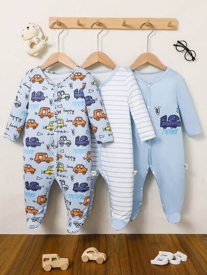 3件套男婴简约时尚纯色蓝色恐龙条纹印花套装，连体衣