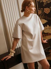 Anewsta Elaire Round Neck And Sleeves Elegant Texture Urban Mid-Length Dress Old Money - Apricot - View 3